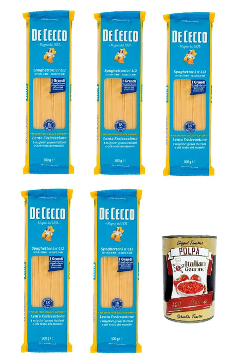 De Cecco Internationale Nudeln De Cecco Spaghettoni N°412, 100% Italienisch Pasta Nudeln 5x 500g + Italian Gourmet Polpa 400g 8001250124128