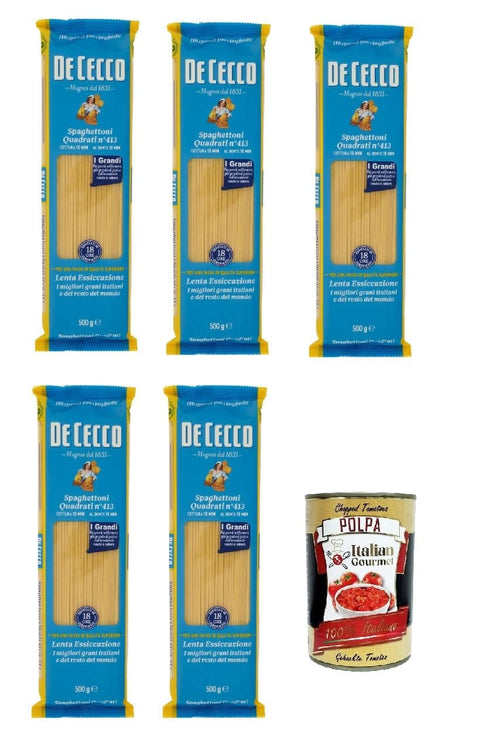 De Cecco Internationale Nudeln De Cecco Spaghettoni quadrati N°413, 100% Italienisch Pasta Nudeln 5x 500g + Italian Gourmet Polpa 400g 8001250004840