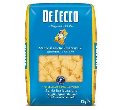 De Cecco Kurze Pasta 10x De Cecco Mezze Maniche Rigate n°136 Hartweizengrieß Pasta Italienische 500g Packung 8001250121363