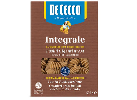 De Cecco Kurze Pasta 12x De Cecco Fusilli Giganti n° 234 Integrali Vollkornnudeln Nudeln Hartweizengrieß Pasta Vollkorn 500g Packung 8001250006202