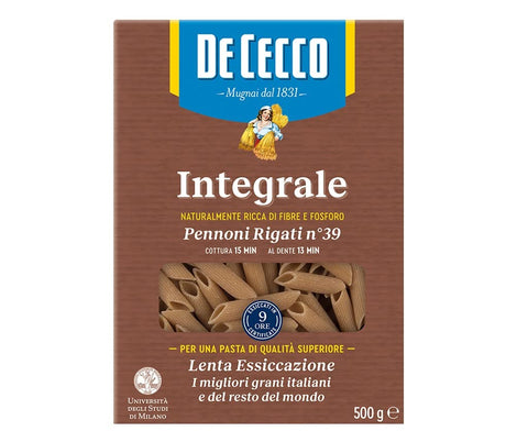 De Cecco Kurze Pasta 12x De Cecco Pennoni Rigati n°39 Integrali Vollkornnudeln Vollkorn Pasta 500g Packung 8001250006165
