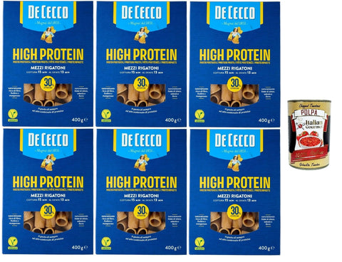 De Cecco Kurze Pasta De Cecco Mezzi rigatoni Nr. 26, High protein, Italienische Hartweizennudeln, 6 Packungen à 400g, Pasta aus 100% italienischem Hartweizen, + Italian Gourmet polpa 400g 8001250019653