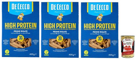 De Cecco Längliche Pasta De Cecco Penne rigate Nr. 41, High protein, Italienische Hartweizennudeln, 3 Packungen à 400g, Pasta aus 100% italienischem Hartweizen, + Italian Gourmet polpa 400g 8001250019677