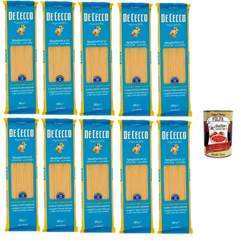 DE CECCO Längliche Pasta DE CECCO Spaghetti Nr. 12, Italienische Hartweizengriess-Pasta, 10 Packungen x 500g, 5kg Gesamt Original italienisch inkl. Italian Gourmet Polpa 400g