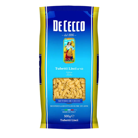 De Cecco Pasta 100% Italienisch Tubetti Lisci n. 62 Nudeln 500 g Längliche Pasta Original