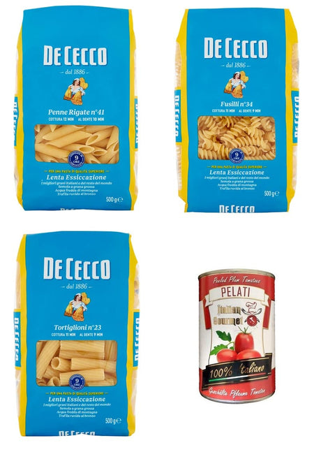 De Cecco Längliche Pasta TESTPAKET De Cecco Pasta 1x Penne Rigate n°41 1x Fusilli n°34 1x Tortiglioni n°23 ( 3 x 500g ) + 1x Italian Gourmet 100% italienische geschälte Tomaten dosen 400g 8022180032970