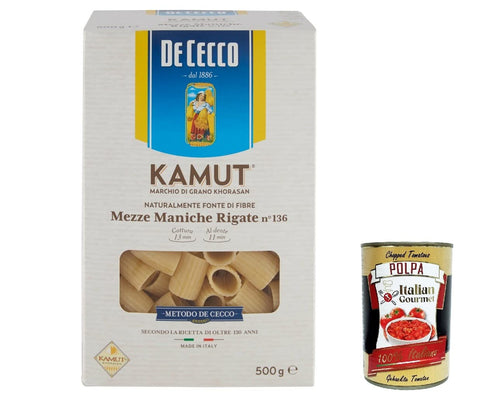 De Cecco Nudeln & Pasta 10x De Cecco nudeln Pasta Mezze maniche rigate N. 136 Kamut Marke von Khorasan-Weizen 500g + Italian Gourmet polpa 400g 8001250009937