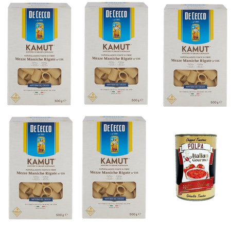 De Cecco Nudeln & Pasta 5x De Cecco nudeln Pasta Mezze maniche rigate N. 136 Kamut Marke von Khorasan-Weizen 500g + Italian Gourmet polpa 400g 8001250009937