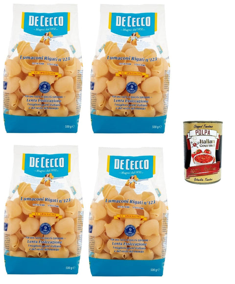 De Cecco Nudeln & Pasta De Cecco Le Specialità Lumaconi Rigati N°123, 100% Italienisch Pasta Nudeln 4x 500g + Italian Gourmet Polpa 400g 8001250121233