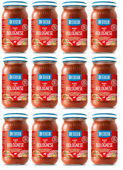 De Cecco Pastasaucen 12x De Cecco Ragù alla Bolognese con Vitellone Bianco dell’Appenino Centrale IGP Sauce mit weißem Rindfleisch aus dem zentralen Apennin IGP mit 100% italienischen Tomaten 190g 8001250199119