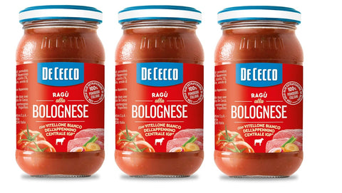 De Cecco Pastasaucen 3x De Cecco Ragù alla Bolognese con Vitellone Bianco dell’Appenino Centrale IGP Sauce mit weißem Rindfleisch aus dem zentralen Apennin IGP mit 100% italienischen Tomaten 190g 8001250199119
