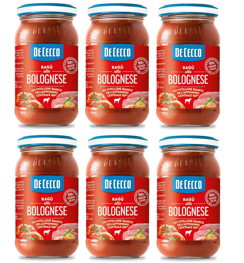 De Cecco Pastasaucen 6x De Cecco Ragù alla Bolognese con Vitellone Bianco dell’Appenino Centrale IGP Sauce mit weißem Rindfleisch aus dem zentralen Apennin IGP mit 100% italienischen Tomaten 190g 8001250199119