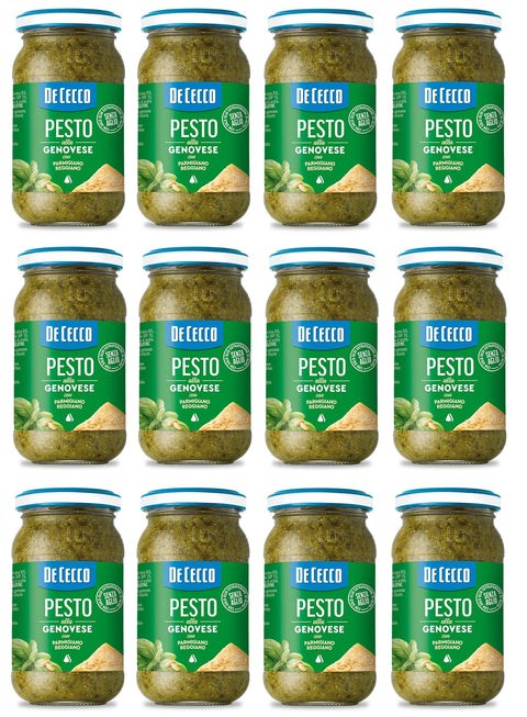 De Cecco Pesto 12x De Cecco Pesto alla Genovese con Parmigiano Reggiano senza aglio Pesto mit frischem Basilikum, Parmigiano Reggiano ohne Knoblauch 190g Italienisches Sauce 8001250016508