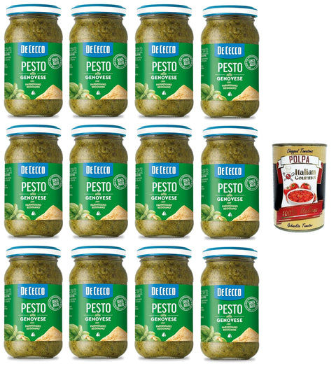 De Cecco Pesto De Cecco Pesto alla Genovese con Parmigiano Reggiano senza aglio Pesto mit frischem Basilikum, Parmigiano Reggiano ohne Knoblauch Italienisches Sauce 12x190g + Italian Gourmet polpa 400g 8001250016508