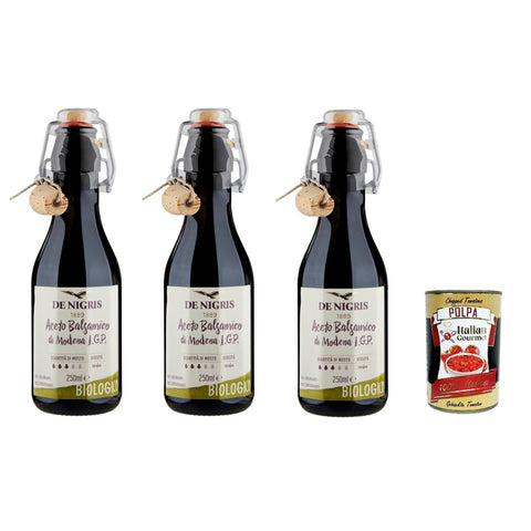 De Nigris Aceto Balsamico Di Modena I.G.P. Balsamico-Essig aus Modena 3x250 ml italienisch Original + kostenlos polpa 400 g