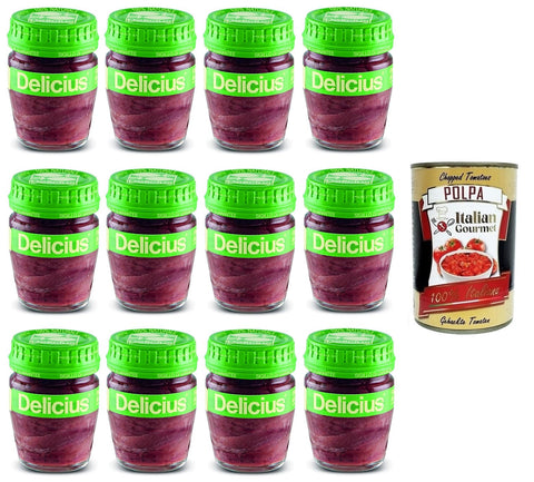 Delicius Fleisch, Geflügel & Wild 12x Delicius Filetti Di Alici In Olio Di Girasole,Sardellenfilets in Sonnenblumenöl,Hochwertiger Blauer Fisch,Glas 58g + Italian Gourmet Polpa di Pomodoro 400g Dose