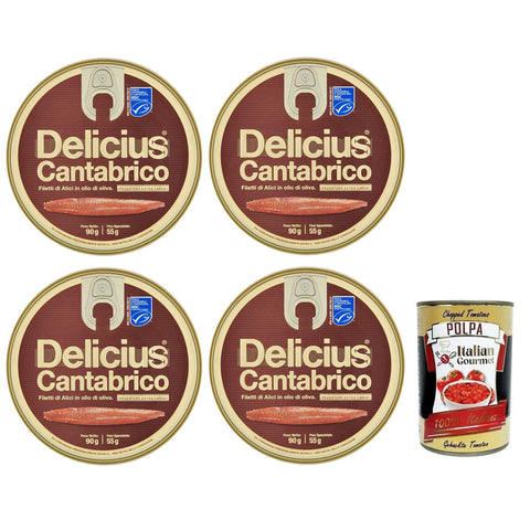 Delicius Cantabrico Filetti di Alici in Olio di Oliva Sardellenfilets in Olivenöl Hochwertiger Blauer Fisch Dose 90 g 4x italienisch Original + kostenlos Polpa di