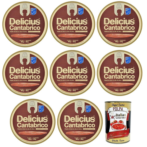 Delicius Cantabrico Filetti di Alici in Olio di Oliva Sardellenfilets in Olivenöl Hochwertiger Blauer Fisch Dose 90 g 8x italienisch Original + kostenlos Polpa di