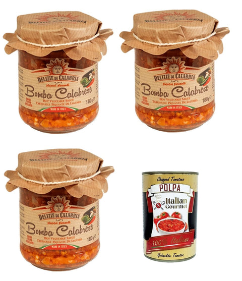 Delizie di Calabria Koch- & Backzutaten Delizia di Calabria, Bomba Calabrese, Italienischer Hot Saucenaufstrich, würziges italienisches Gewürz mit authentischem kalabrischen Chili, Feurige Hot Dip-Salsa 3x 180g + Italian Gourmet polpa 400g 8007548005810