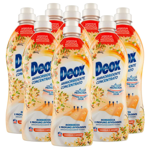 Deox Flüssiger Weichspüler Deox - Weichspülerkonzentrat für Waschmaschine, weiche und duftende Kleidungsstücke, mit Fresh Protection-Technologie, Duft Vanille und Argan, 45 Waschgänge x 8 Packungen 8003650013989