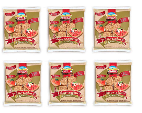 Divella Brot 6x Divella Pancrostino al Grano Duro Hartweizengrieß geröstetes Brot Crouton 6 Portionen Brotersatz 250g 8005121219111