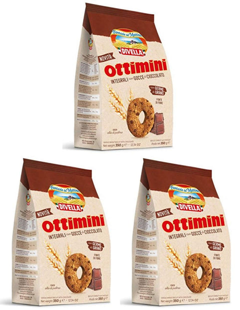 Divella Kekse 3x Divella Ottimini Integrali con gocce di cioccolato Vollkornkekse mit Schokoladenstückchen und Weizenkeimen Italienische Kekse 350g biscuits cookies 8005121214055