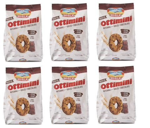 Divella Kekse 6x Divella Ottimini Integrali con gocce di cioccolato Vollkornkekse mit Schokoladenstückchen und Weizenkeimen Italienische Kekse 350g biscuits cookies 8005121214055