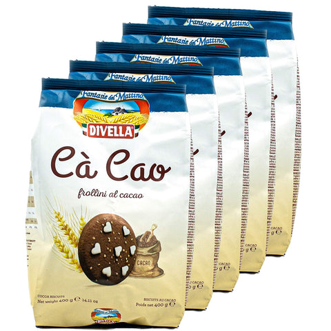 Divella 5er Pack Cà Cao frollini al cacao in Packung Biscuits Chip Cookies Butter Kekse mit Kakao und Zuckerkristallen 1x400g Original italienisch