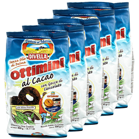 Divella 5er Pack Ottimini Biscotti al Cacao in 400 g Packung - Biscuits Chip Cookies Butter Kekse mit Kakao veredelt traditionell italienisch (Süßigkeiten aus Italien) Original italienisch