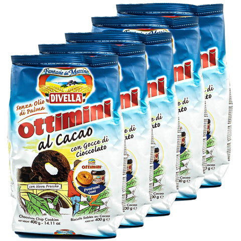 Divella Kekse Divella - 5er Pack Ottimini Biscotti al Cacao in 400 g Packung - Biscuits Chip Cookies Butter Kekse mit Kakao veredelt traditionell italienisch (Süßigkeiten aus Italien) 8005121214246