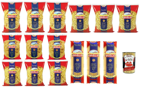 Divella Längliche Pasta Divella Pasta Testpaket Bucatini - Canneroni Rigati - Penne Candela - Lumache - Farfalle, Italienische Nudeln aus Hartweizengrieß, 15x 500 g + Italian Gourmet polpa 400g 8005121000214