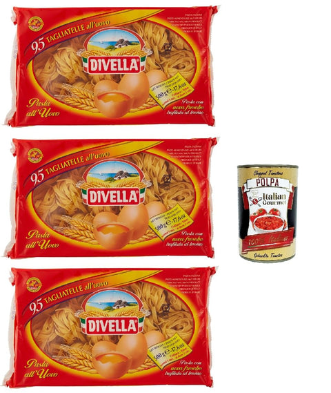 Divella Längliche Pasta Divella - Tagliatelle all'uovo Nº 95 - Authentische italienische Pasta, Eiernudeln – Die köstlichsten Tagliatelle zum Teilen mit der Familie -3x 500 g + Italian Gourmet polpa 400g 8005121030952
