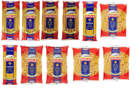 Divella Längliche Pasta Testpaket Pasta Divella 100% Italienisch Mafaldine Spaghetti penne fusilli tripoline 11x 500 gr 8005121000818