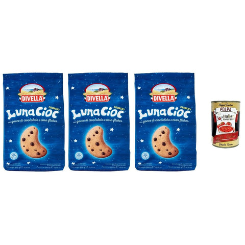 Divella Lunacioc Abgepackte Gebäckstücke Divella Lunacioc CRUNCHY Knusprige Kekse mit Schokoladensplittern 350 g 3x italienisch Original + kostenlos polpa 400 g 8005121214680