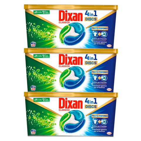 Dixan Discs Klassisches Waschmittel für Waschmaschine Aktion 4 in 1 Tiefenreinigung, duftend und frisch, entfernt hartnäckige Flecken, 3 Packungen mit je 23 Kapseln italienisch Original