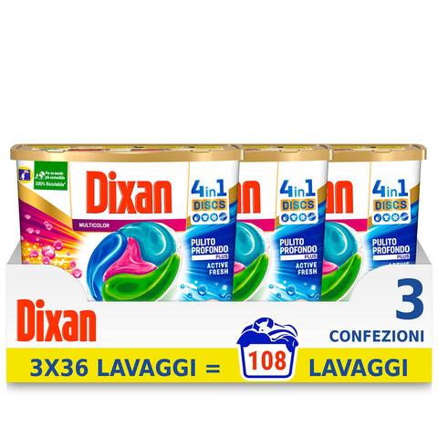 Dixan Discs, Waschkapseln für Waschmaschine,, mehrfarbig 3x36 Waschgänge Original italienisch Pflege
