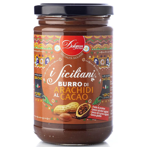 Dolgam I Siciliani Burro di Arachidi al Cacao Kakao Erdnussbutter Sizilianische Spezialitäten Glasgefäß von Streichfähige 300g italienisch Original