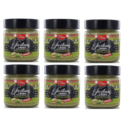 Dolgam Schokoladenaufstrich Dolgam I Siciliani Crema Spalmabile al Pistacchio Crunchy Knusprige Pistazien Streichfähige Creme Pistazien Streichcreme 6x 200g italienisch Original 8008052305069