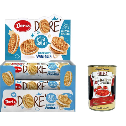 Doria Kekse Doria Dore‘ Shortbread-Kekse mit Vanillefüllung - Maxi-Theken-Showbox mit 20 Packungen à 75 g Original italienisch inkl. Italian Gourmet Polpa 400g 8032804040014