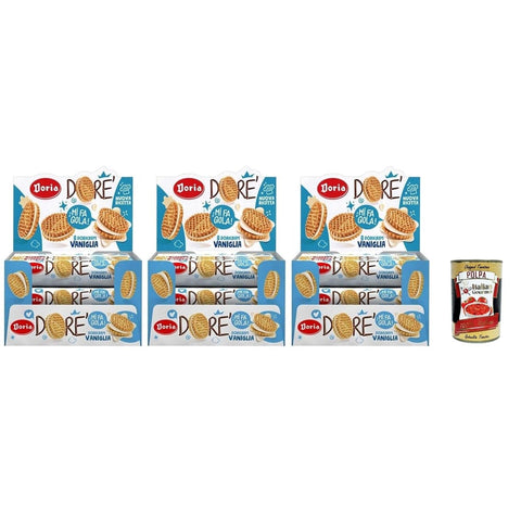 Doria Snack Kuchen & Backwaren Doria Dore' Biscotti Frollini con Ripieno alla Vaniglia, Mürbeteig Kekse mit Vanillefüllung, Multipack 3x BOX 20x 75g Original italienisch inkl. Italian Gourmet Polpa 400g 8032804040014