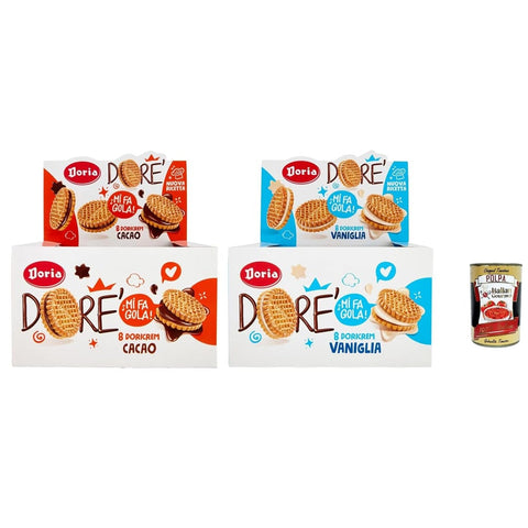 Doria Snack Kuchen & Backwaren Doria Dore', Testpaket Kekse mit Kakaofüllung und Vanillefüllung, 2x BOX 20x75g Original italienisch inkl. Italian Gourmet Polpa 400g 8032804040014