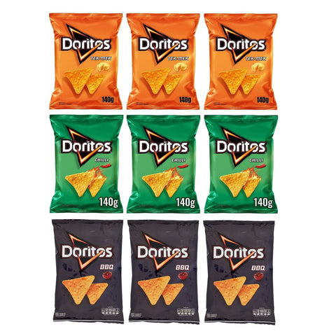 Doritos TESTPAKET TexMex Chili BBQ Mais Snacks Kartoffelchips Tortilla köstlich in Kombination mit frischen Saucen Beutel 9x140g Original italienisch
