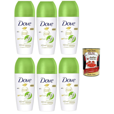 Dove Deo Dove Deodorante Roll On Advanced Care, Gurke und grüner Tee, Anti -Degraining Deodorant, empfindliche Formel mit dreifacher Feuchtigkeitswirkung,48 Stunden, 6x 50 ml Original italienisch inkl. Italian Gourmet Polpa 400g 8032804040014