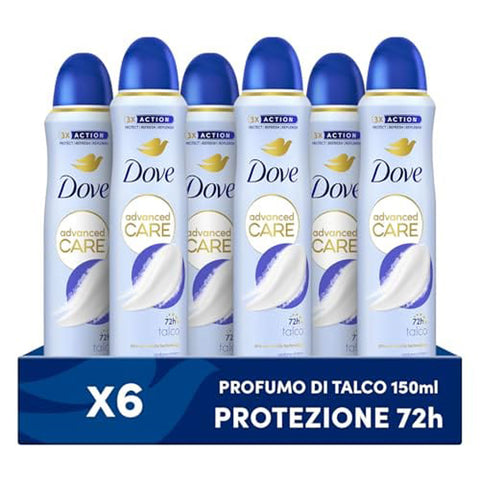 Dove Deospray Advanced Care Talk, mit feuchtigkeitsspendender und hautfreundlicher Formel, ohne Alkohol, trockene Haut bis zu 72 Stunden, Deodorant für Damen und Herren, 6 Stück à 150 ml Original italienisch