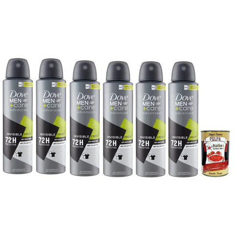 Dove Deo Dove Men Original italienisch inkl. care advanced Invisible Fresh Anti-Perspirant, Deo für Männer,mit 1/4 Feuchtigkeitscreme, hautfreundliche Formel, 72 Stunden, 6x 150ml + Italian Gourmet Polpa 400g 8032804040014