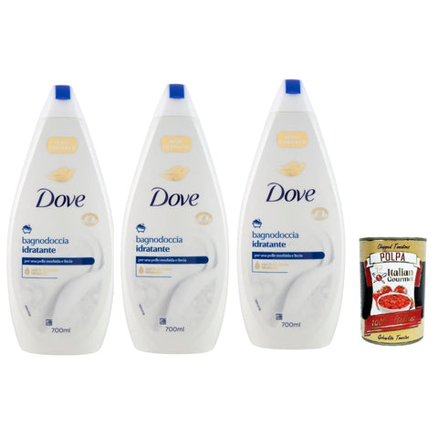 Dove Duschgel Dove bagnodoccia idratante, Schaumbäder Bades bath shower foam, Weichheit und Pflege 3x 700 ml Original italienisch inkl. Italian Gourmet Polpa 400g 8032804040014