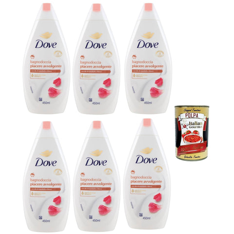 Dove bagnodoccia piacere avvolgente mit almond oil and hibiscus, Schaumbäder Bades bath shower foam, Weichheit und Pflege 6x 700 ml + Italian Gourmet polpa 400g SONDERANGEBOT