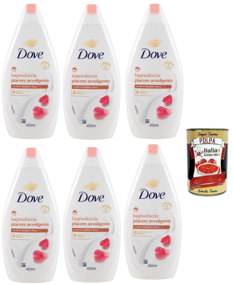 Dove Duschgel Dove bagnodoccia piacere avvolgente mit almond oil and hibiscus, Schaumbäder Bades bath shower foam, Weichheit und Pflege 6x 700 ml + Italian Gourmet polpa 400g 8720182482082