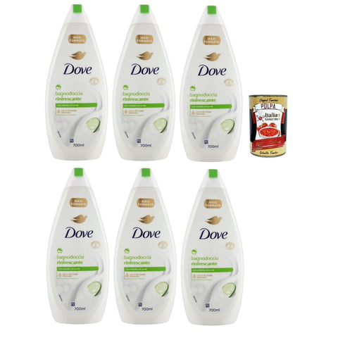 Dove Duschgel Dove bagnodoccia Rinfrescante mit Gurken und grüner Tee, Schaumbäder Bades bath shower foam, Weichheit und Pflege 6x 700 ml Original italienisch inkl. Italian Gourmet Polpa 400g 8720181493003