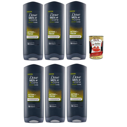 Dove Men + Care, shower gel 3 in 1, Sport Care Active + Duschbad für Körper, Gesicht und Haare mit 24-Stunden-Pflegeeffekt, 6x250 ml italienisch Original